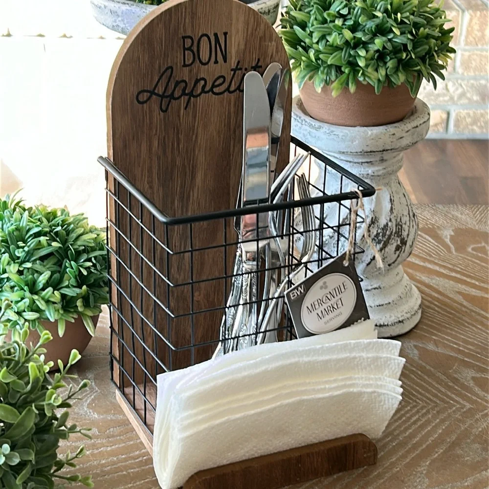 NEW! French Shabby Chic Cottage Wood & Black Metal Utensil Flatware Caddy